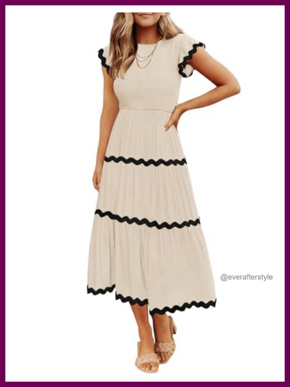 Smocked Flowy Midi Dress Short Flutter Sleeve Rickrack Trim Casual A-Line